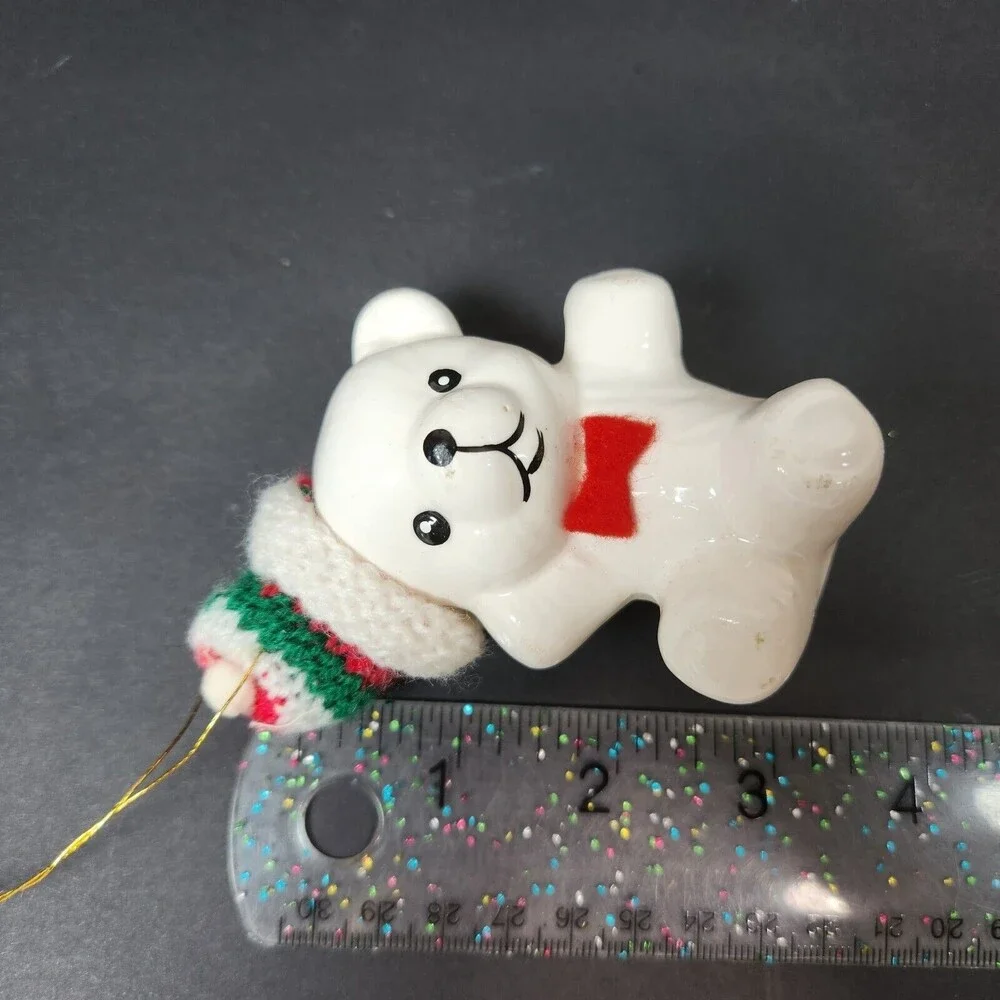 Vintage Ceramic Polar Bear Ornaments Hanging Lot X 3 Taiwan Knit Caps
